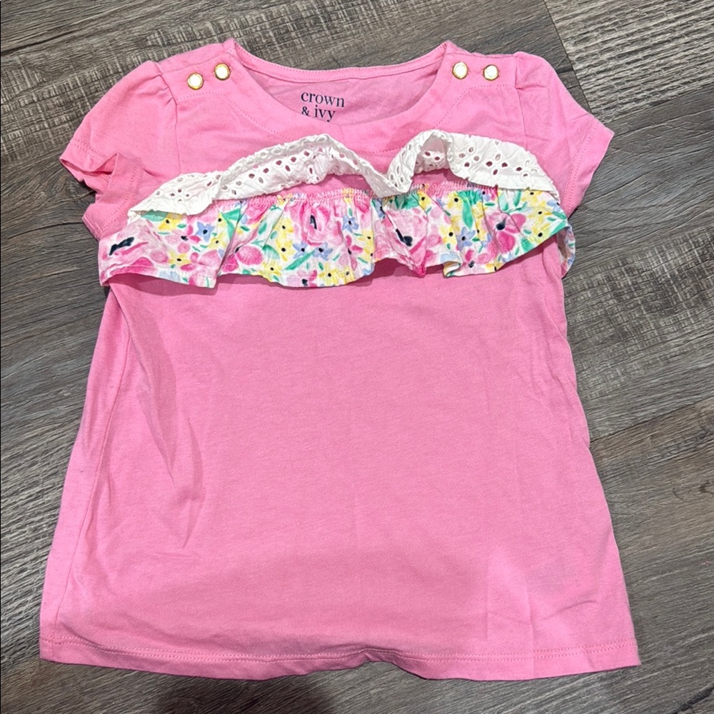 Crown & Ivy Pink Kids Tee with Floral Ruffle